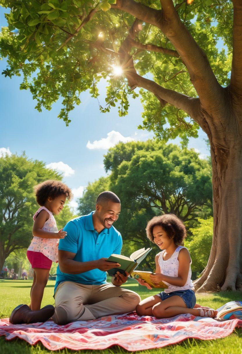 A warm, inviting scene depicting a diverse group of fathers with their children engaging in various activities like playing in a park, reading books, and sharing moments of laughter. The background features a sunlit sky and lush greenery, symbolizing growth and nurture. Include subtle elements like baby toys and books scattered around, emphasizing the journey of fatherhood. super-realistic. vibrant colors. natural setting.