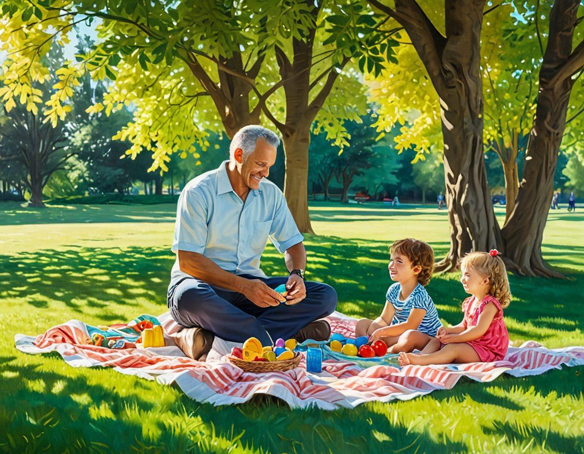 A heartwarming scene of a father playing with his children in a sunlit park, surrounded by nature, capturing moments of laughter and connection. Include elements of family bonding, like a picnic blanket, toys scattered around, and trees gently swaying in the background. Emphasize warmth, love, and togetherness with soft, inviting colors. painting. vibrant colors. natural lighting.