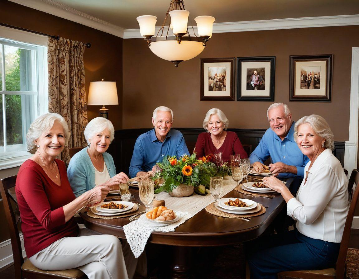 A warm and inviting family scene depicting multiple generations gathered around a dinner table, joyfully sharing stories and laughter. The room is adorned with family photos showcasing memorable moments, emphasizing togetherness. Soft, golden lighting creates a cozy atmosphere, highlighting the love and connection visible among family members. Include elements like a pet curled up at their feet for added warmth. super-realistic. warm colors. cozy ambiance.